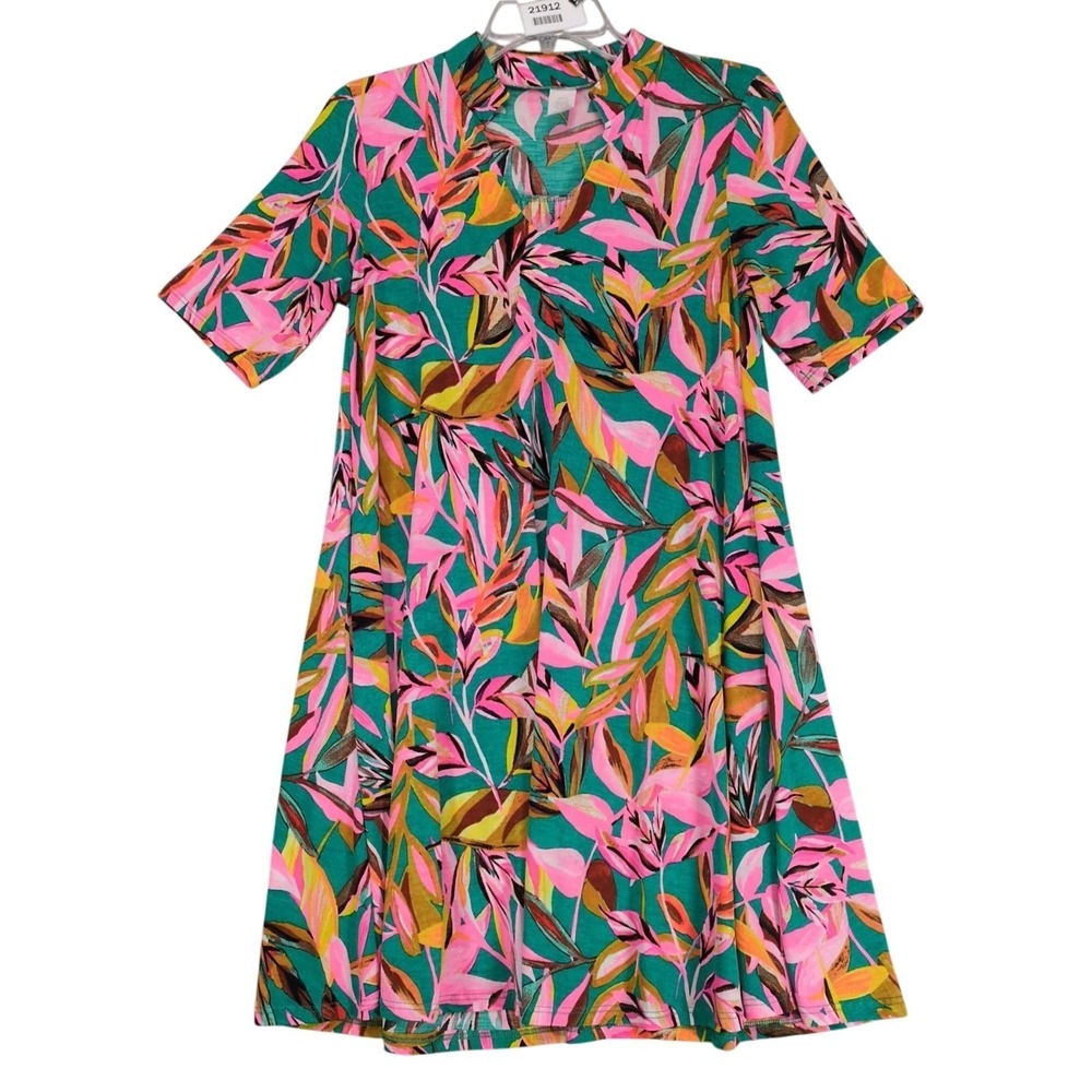 Vintage 90s Sol R.H.R. Pink Green Tropical A-Line Dress Sz S Pockets Knee-Length